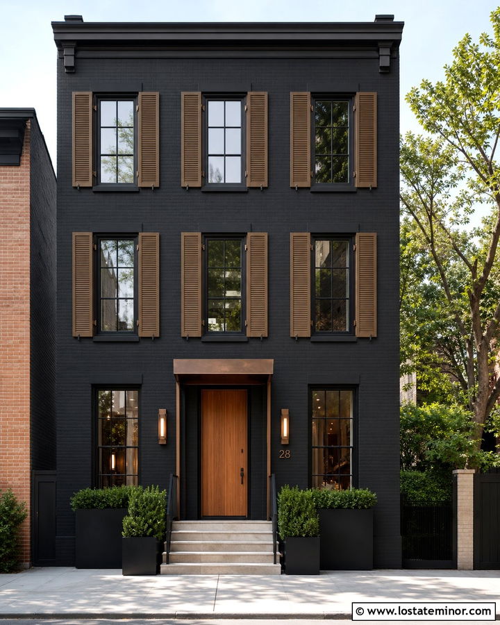 Jet Black Townhouse With Bronze Shutters - 30 Jet Black House Design With Shutters Ideas