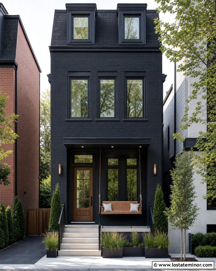 Jet Black Townhouse With Compact Porch Swing - 30 Jet Black House Design With Swing Ideas