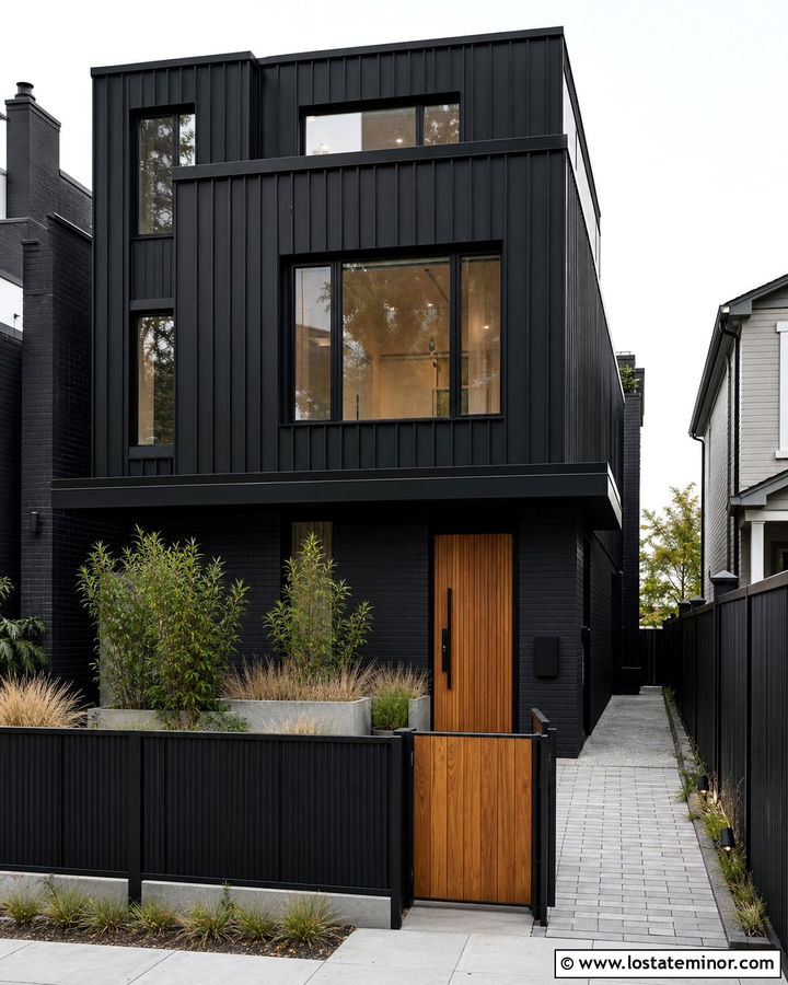 Jet Black Townhouse With Corrugated Metal Fence - 30 Jet Black House Design With Fence Ideas