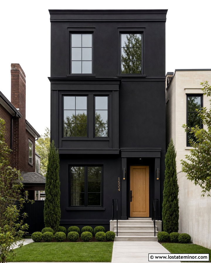 Jet Black Townhouse With Narrow Concrete Walkway - 30 Jet Black House Design With Walkway Ideas