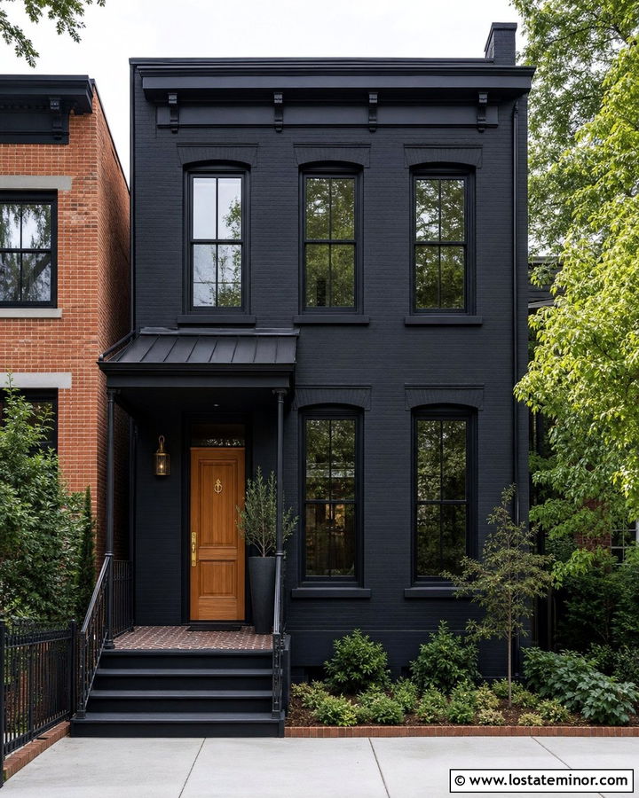 Jet Black Townhouse With Narrow Porch - 30 Jet Black House Design With Front Porch Ideas