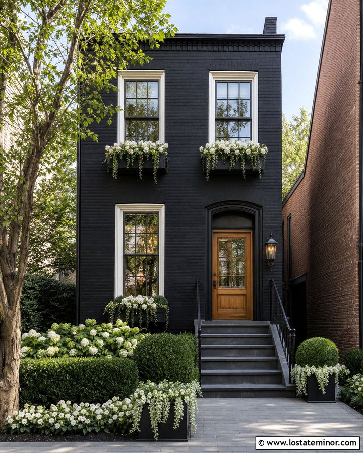 Jet Black Townhouse With Slim Window Boxes - 30 Jet Black House Design With Window Boxes Ideas