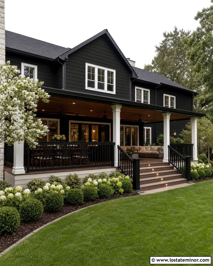 Jet Black Traditional House With Covered Deck - 30 Jet Black House Design With Backyard Ideas