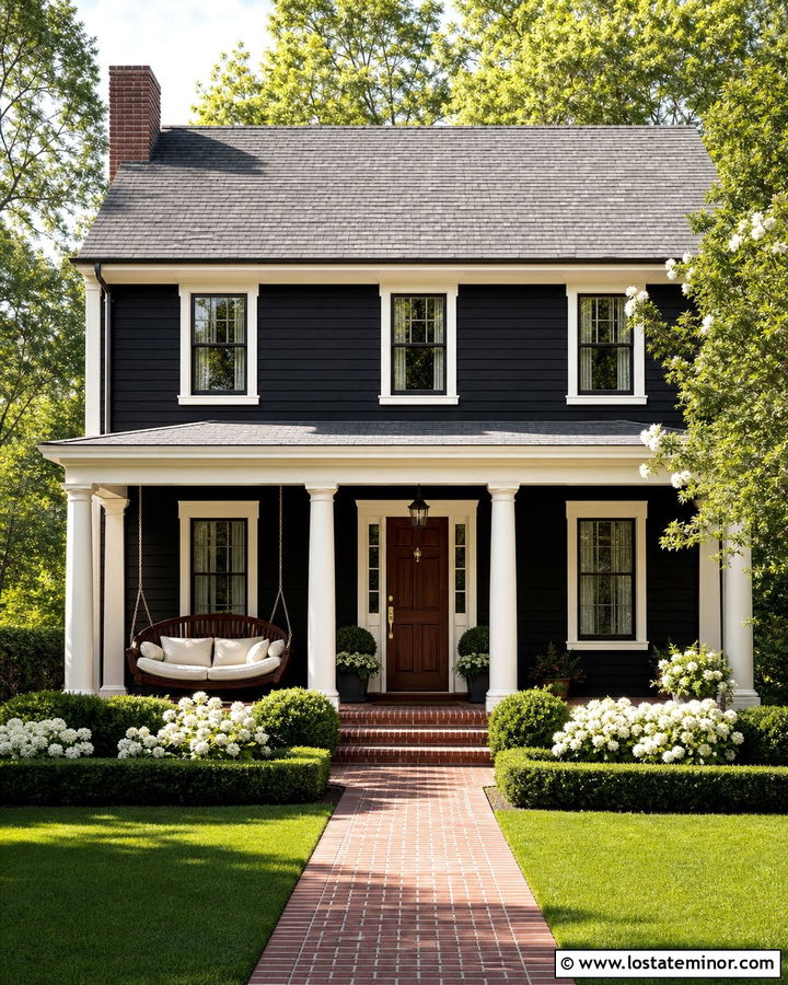 Jet Black Traditional House With Curved Wood Swing - 30 Jet Black House Design With Swing Ideas