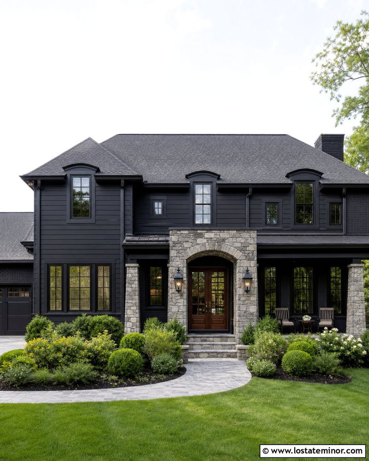 Jet Black Traditional House With Stone Arch Entry - 30 Jet Black House Design With Stone Accents Ideas