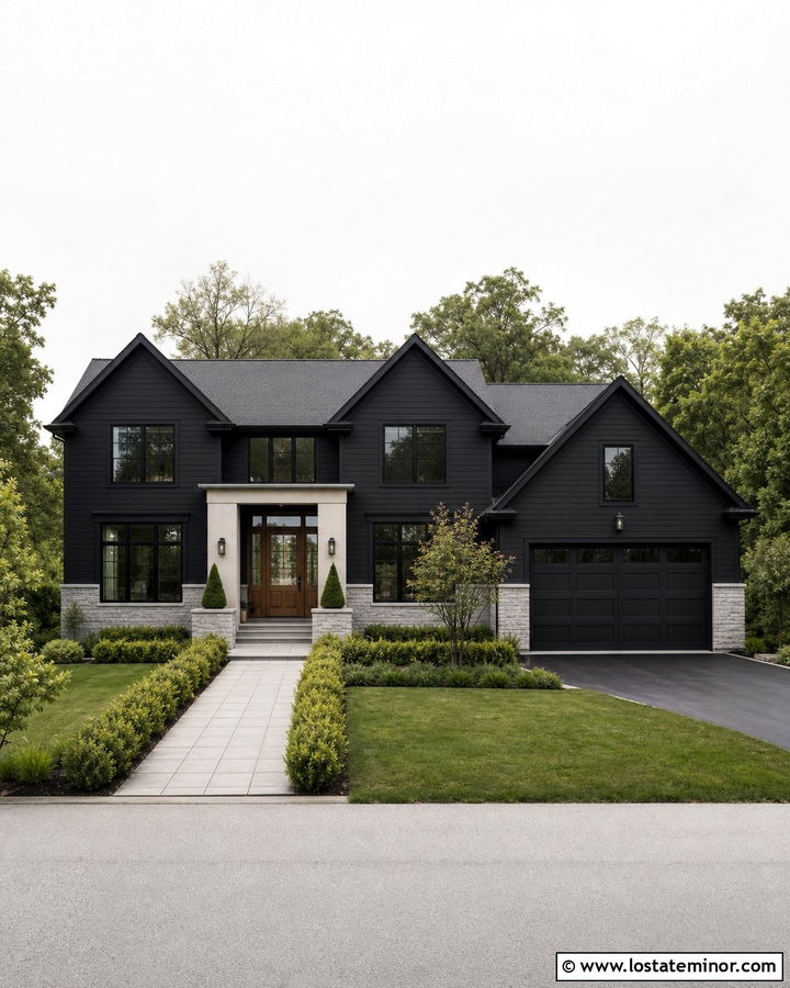 Jet Black Transitional House With Brick And Stone Wainscoting - 30 Jet Black House Design With Wainscoting Ideas