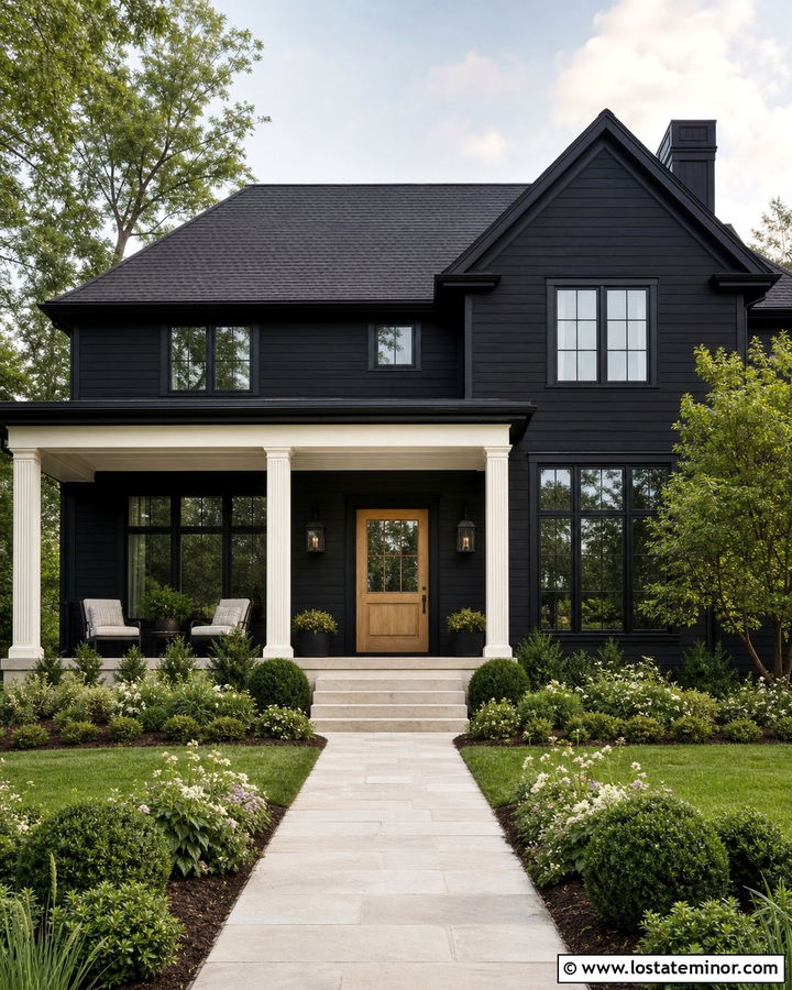 Jet Black Transitional House With Fluted Porch Columns - 30 Jet Black House Design With Porch Columns Ideas