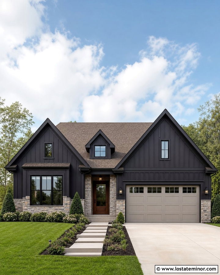 Jet Black Transitional House With Greige Garage Door - 30 Jet Black House Design With Garage Door Ideas