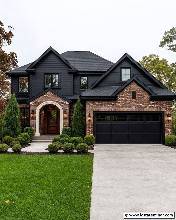 Jet Black Transitional House With Mixed Brick - 30 Jet Black House Design With Brick Accents Ideas