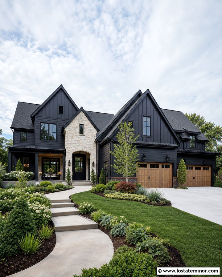 Jet Black Transitional House With Mixed Siding - 30 Jet Black House Design With Siding Ideas