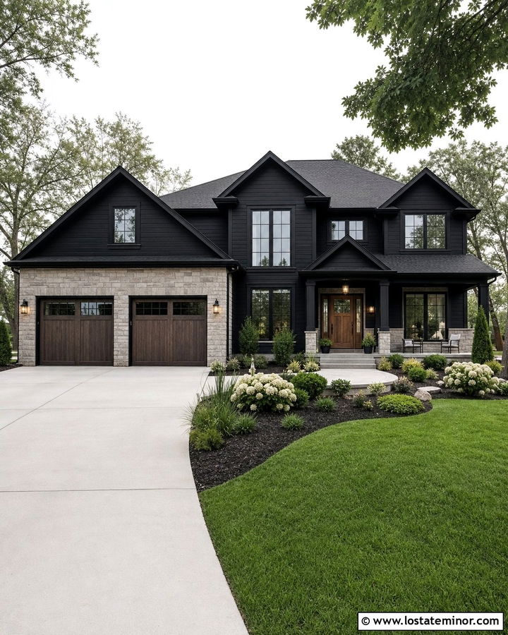 Jet Black Transitional House With Stone Garage - 30 Jet Black House Design With Stone Accents Ideas