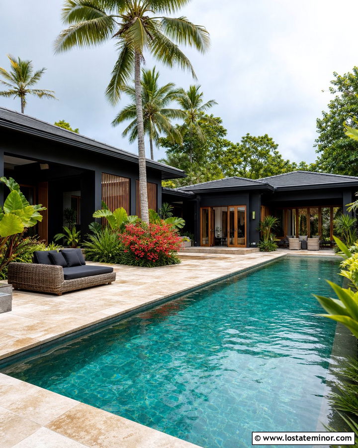 Jet Black Tropical House With Pool - 30 Jet Black House Design With Swimming Pool Ideas