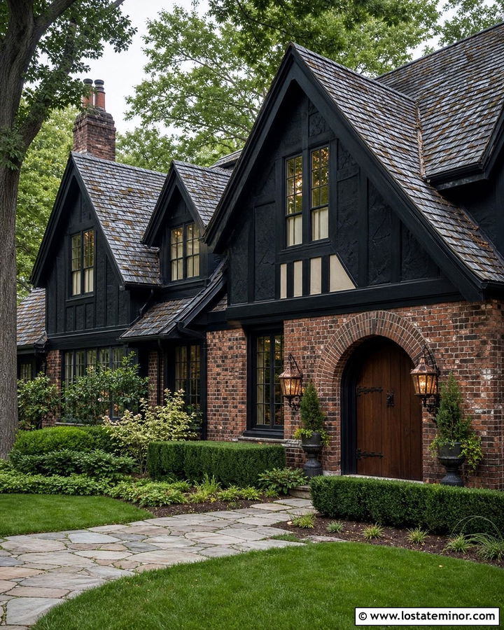 Jet Black Tudor House With Aged Brick - 30 Jet Black House Design With Brick Accents Ideas