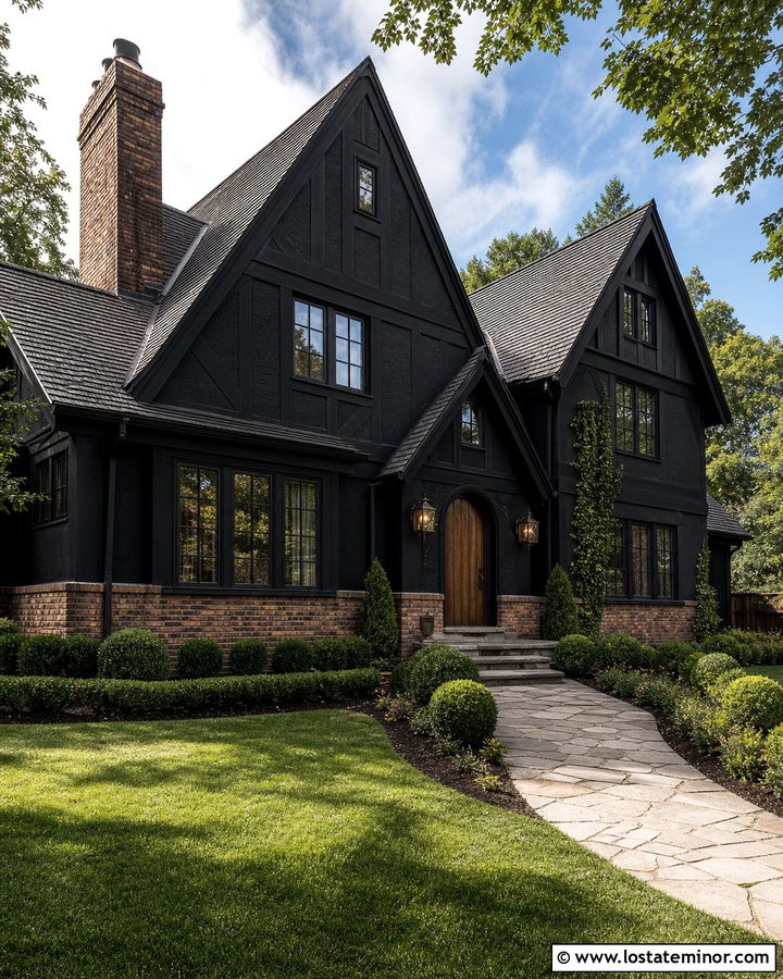 Jet Black Tudor House With Aged Bronze Lanterns - 30 Jet Black House Design With Light Fixtures Ideas