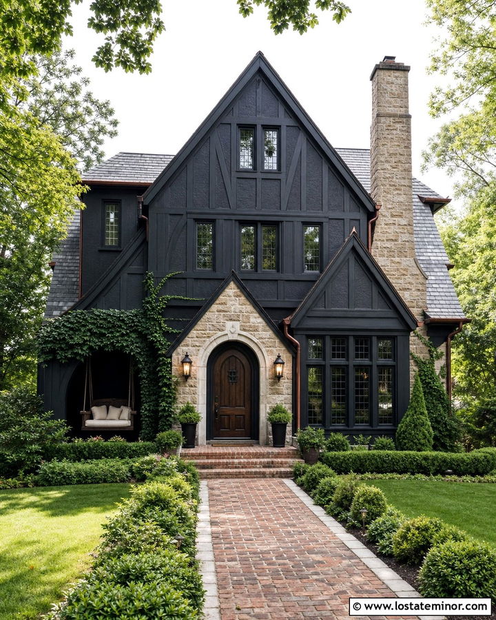 Jet Black Tudor House With Arched Porch Swing - 30 Jet Black House Design With Swing Ideas