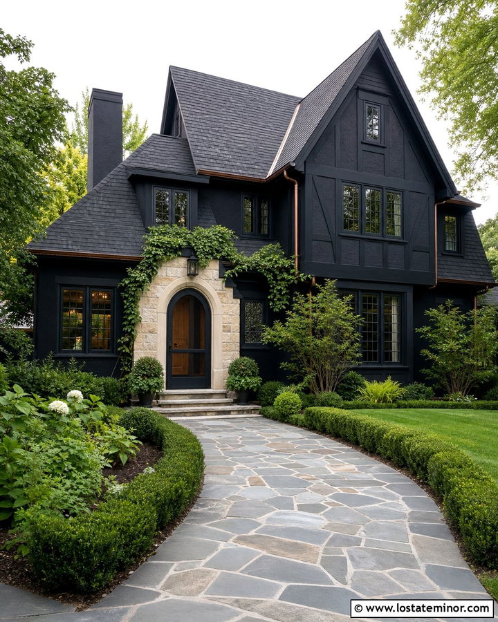Jet Black Tudor House With Arched Screen Door - 30 Jet Black House Design With Screen Door Ideas
