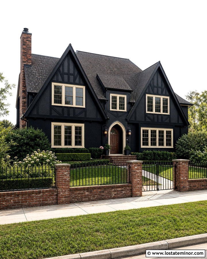 Jet Black Tudor House With Brick And Iron Fence - 30 Jet Black House Design With Fence Ideas
