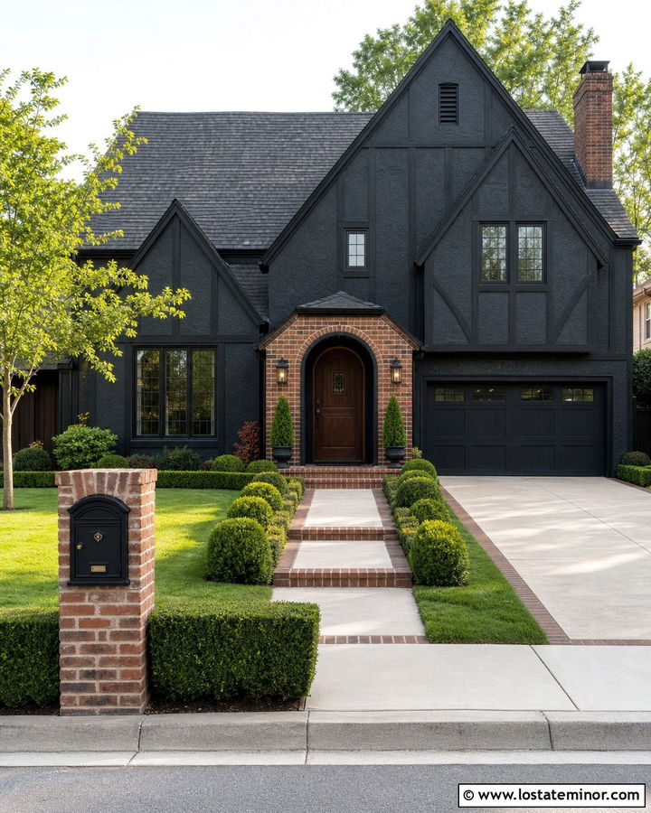 Jet Black Tudor House With Brick Mailbox - 30 Jet Black House Design With Mailbox Ideas