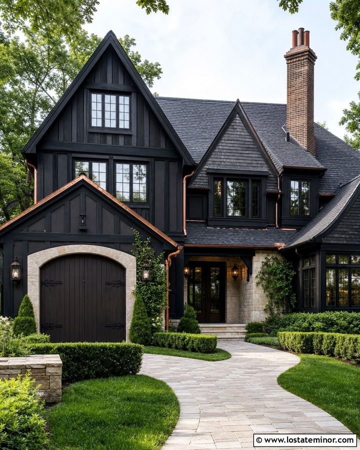Jet Black Tudor House With Bronze Garage Door - 30 Jet Black House Design With Garage Door Ideas