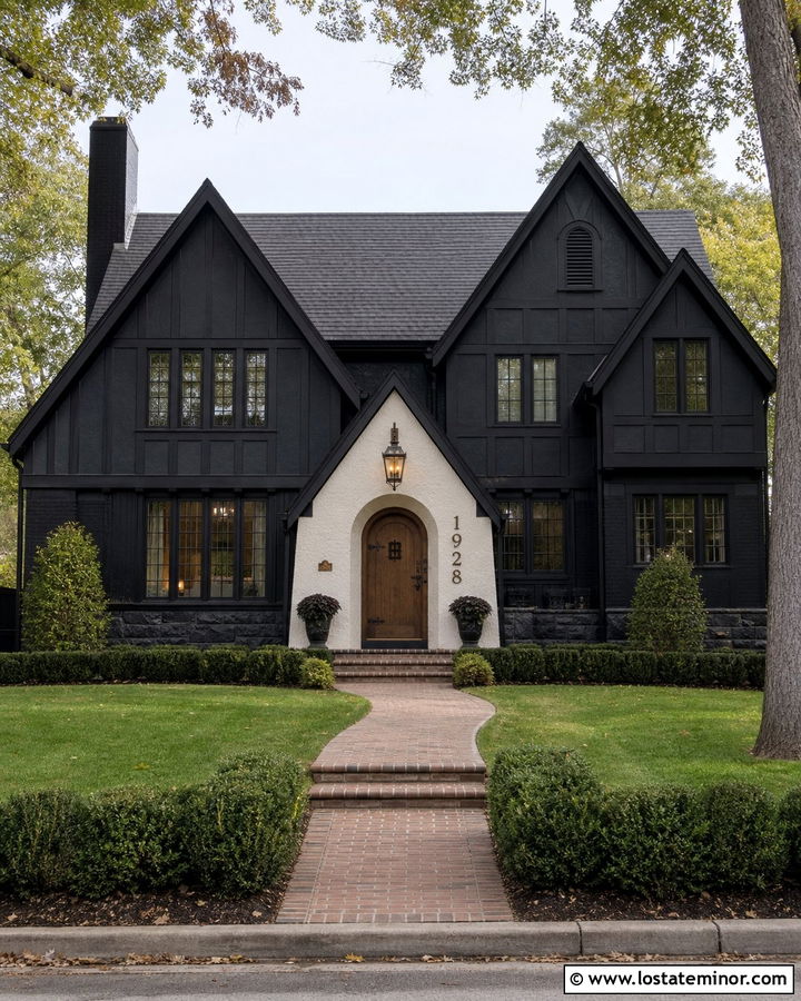 Jet Black Tudor House With Bronze Numbers - 30 Jet Black House Design With House Numbers Ideas