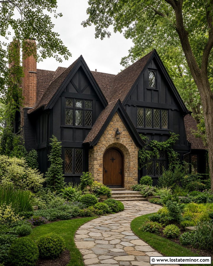 Jet Black Tudor House With Bronze Window Frames - 30 Jet Black House Design With Window Frames Ideas