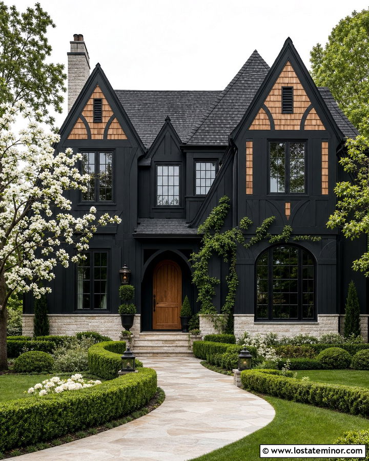 Jet Black Tudor House With Cedar Shake Gables - 30 Jet Black House Design With Cedar Shake Ideas