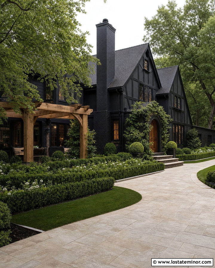 Jet Black Tudor House With Courtyard Pergola - 30 Jet Black House Design With Pergola Ideas