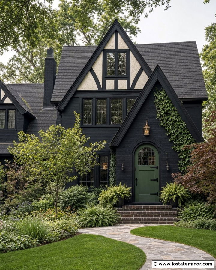 Jet Black Tudor House With Dark Green Dutch Door - 30 Jet Black House Design With Dutch Door Ideas