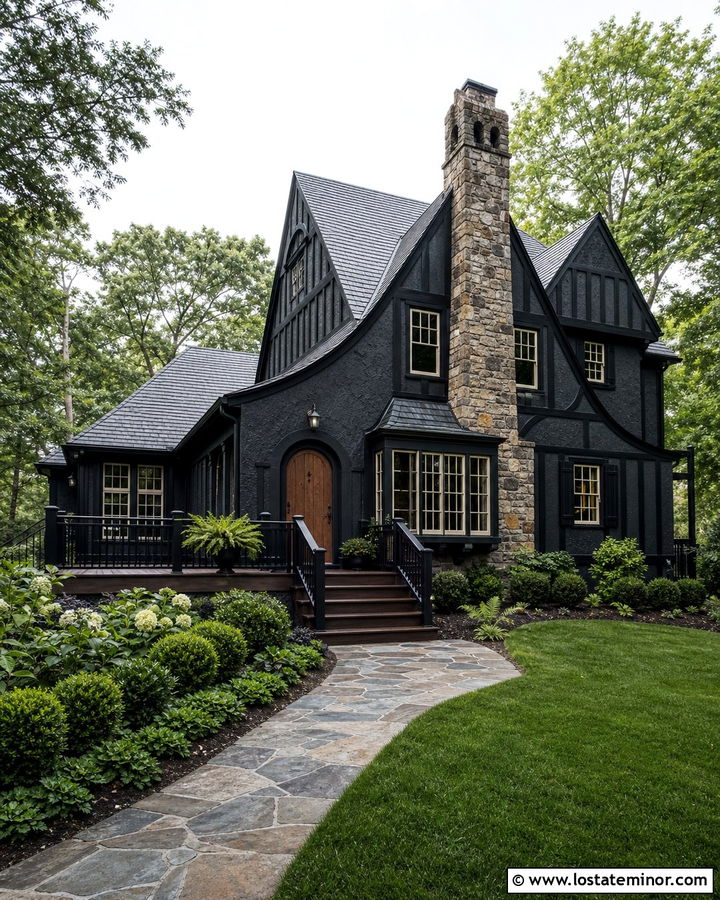 Jet Black Tudor House With Dark Wood Deck - 30 Jet Black House Design With Deck Ideas