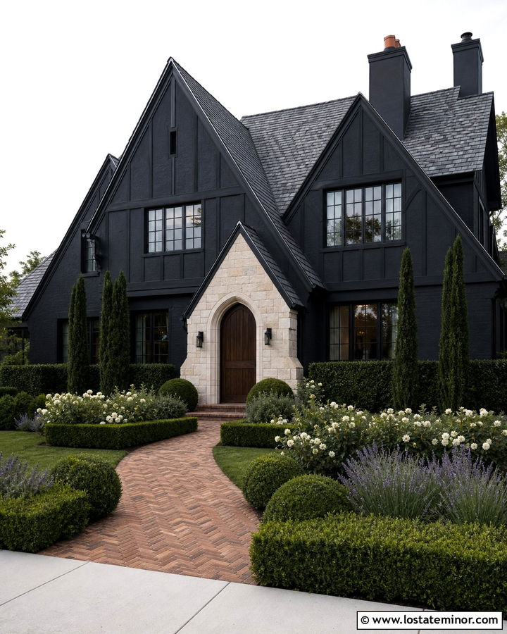 Jet Black Tudor House With Formal Evergreens - 30 Jet Black House Design With Landscaping Ideas