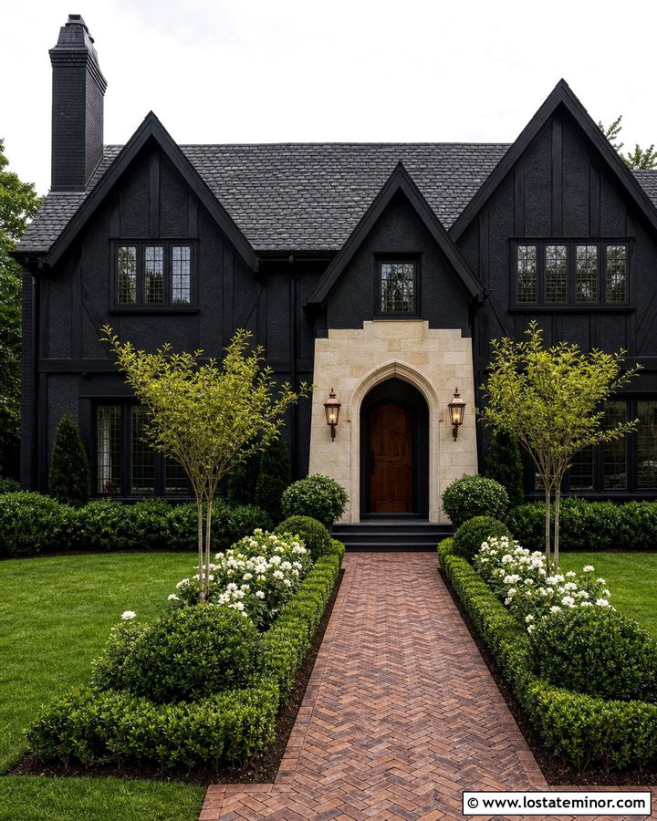 Jet Black Tudor House With Formal Front Garden - 30 Jet Black House Design With Front Yard Ideas