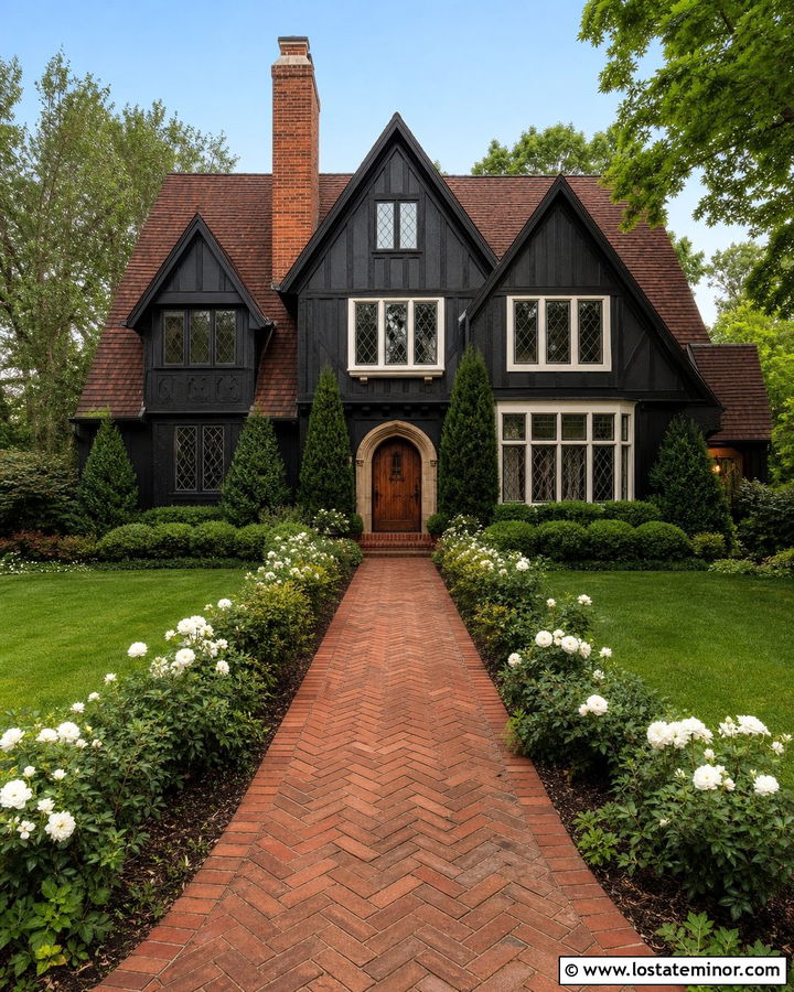 Jet Black Tudor House With Herringbone Brick Walkway - 30 Jet Black House Design With Walkway Ideas