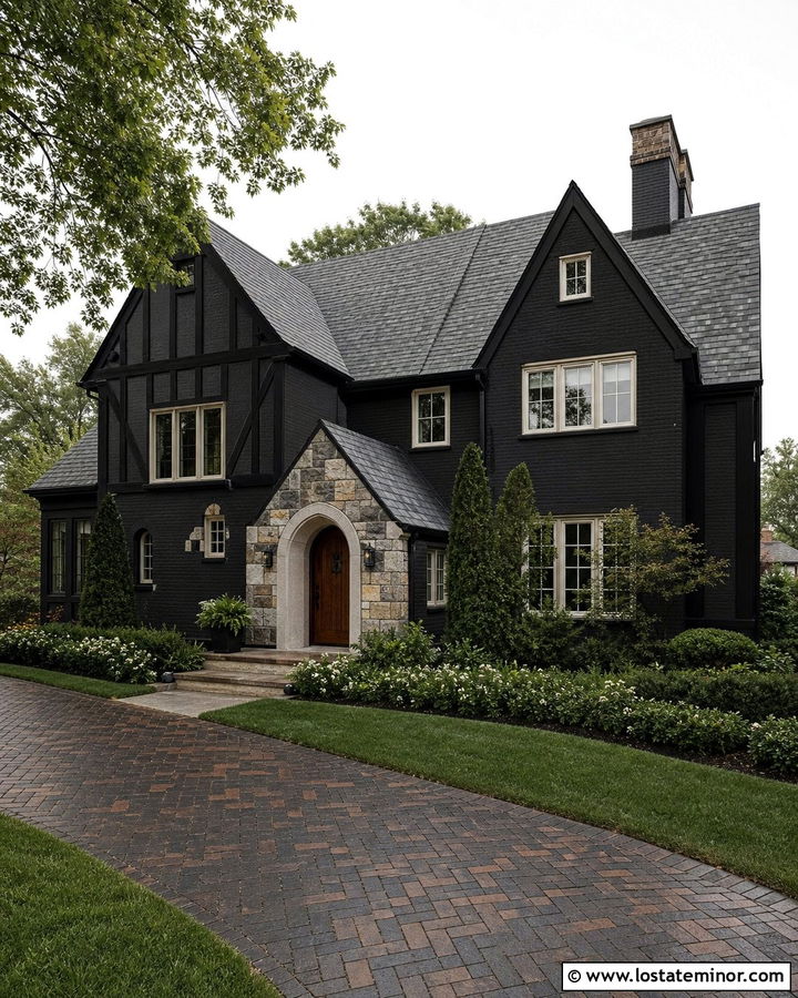 Jet Black Tudor House With Herringbone Driveway - 30 Jet Black House Design With Driveway Ideas