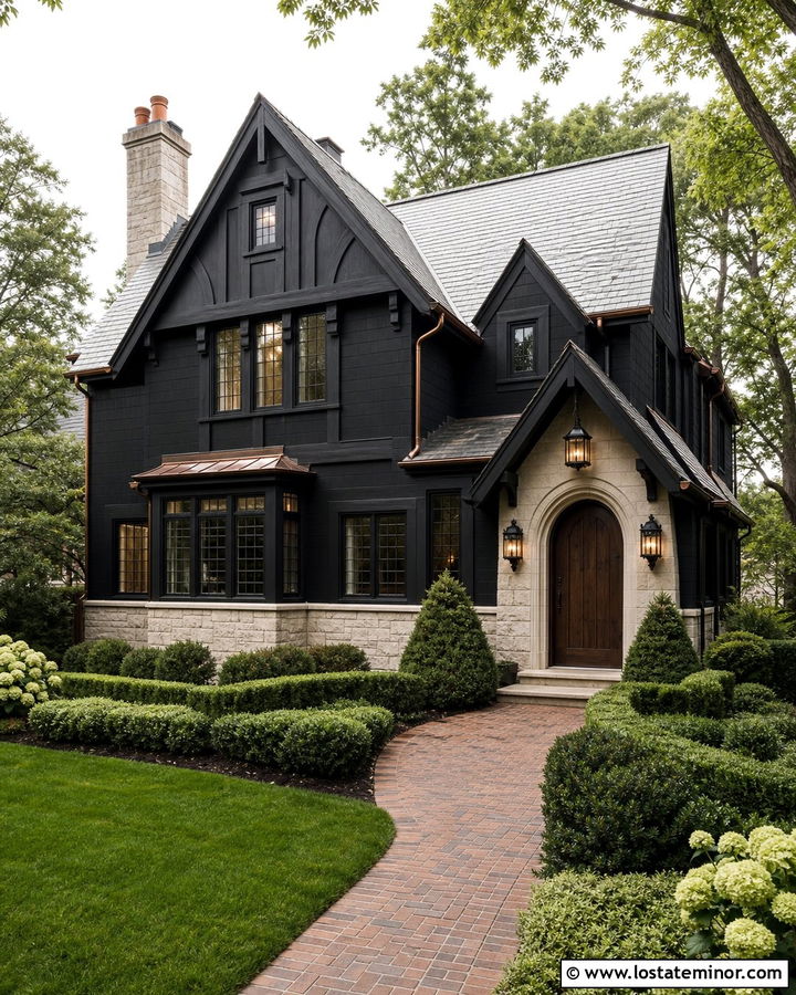 Jet Black Tudor House With Leaded Lanterns - 30 Jet Black House Design With Lighting Ideas
