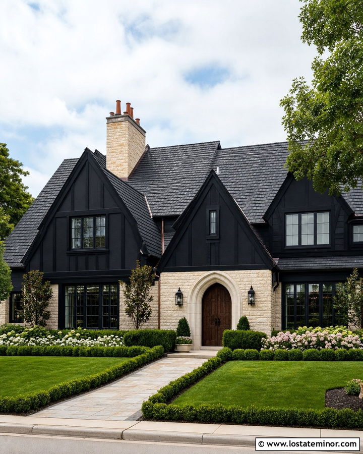 Jet Black Tudor House With Limestone Trim - 30 Jet Black House Design With Stone Accents Ideas