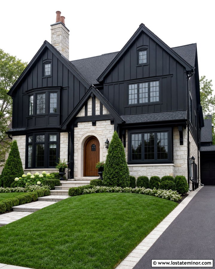 Jet Black Tudor House With Limestone - 30 Jet Black House Design With Board and Batten Ideas