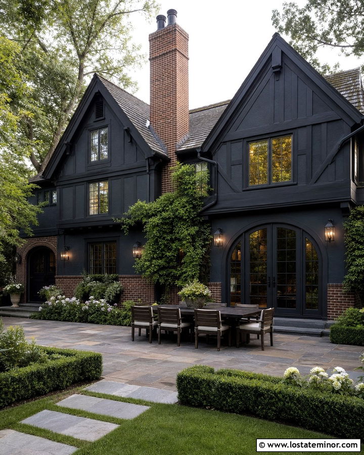Jet Black Tudor House With Paver Courtyard - 30 Jet Black House Design With Backyard Ideas