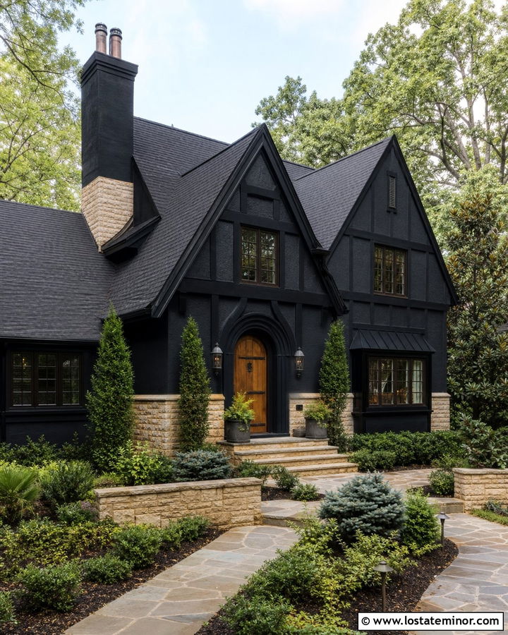Jet Black Tudor House With Sandstone Wainscoting - 30 Jet Black House Design With Wainscoting Ideas