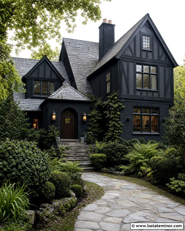 Jet Black Tudor House With Slate Steps - 30 Jet Black House Design With Steps Ideas