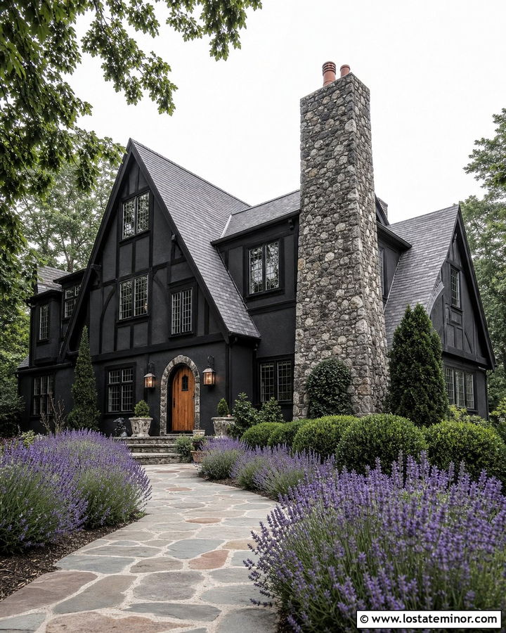 Jet Black Tudor House With Stone Chimney - 30 Jet Black House Design With Chimney Ideas