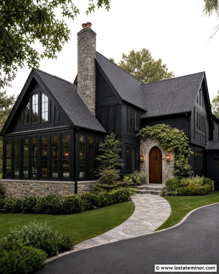 Jet Black Tudor House With Stone Sunroom - 30 Jet Black House Design With Sunroom Ideas