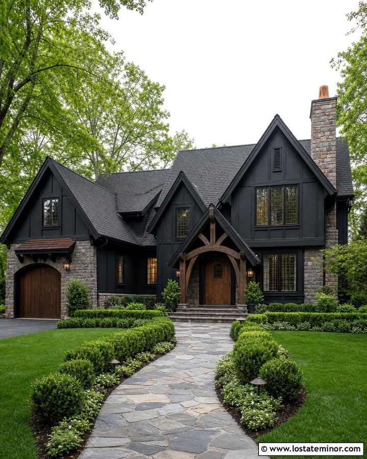 Jet Black Tudor House With Timber Portico - 30 Jet Black House Design With Portico Ideas
