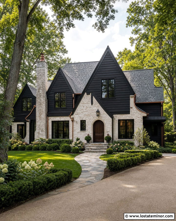 Jet Black Tudor Siding With Limewashed Brick - 30 Jet Black House Design With Siding Ideas