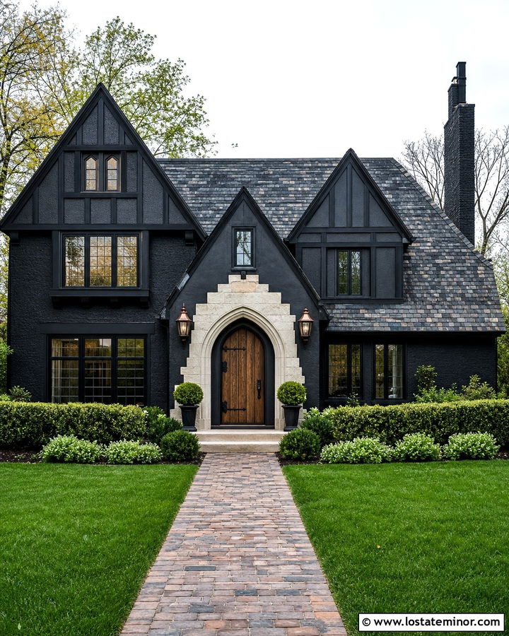Jet Black Tudor With Arched Front Porch - 30 Jet Black House Design With Front Porch Ideas