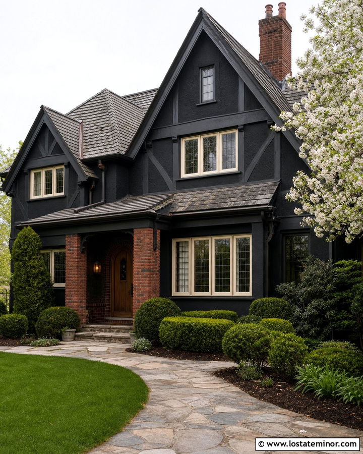 Jet Black Tudor With Brick Porch Columns - 30 Jet Black House Design With Porch Columns Ideas