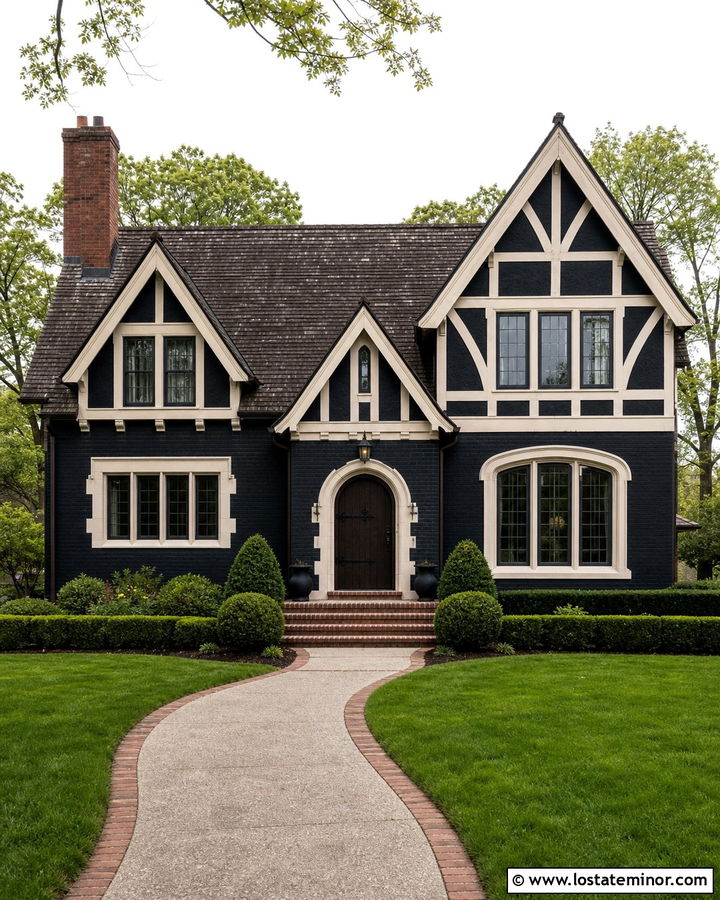 Jet Black Tudor With Cream Trim - 30 Jet Black House Design With Trim Ideas