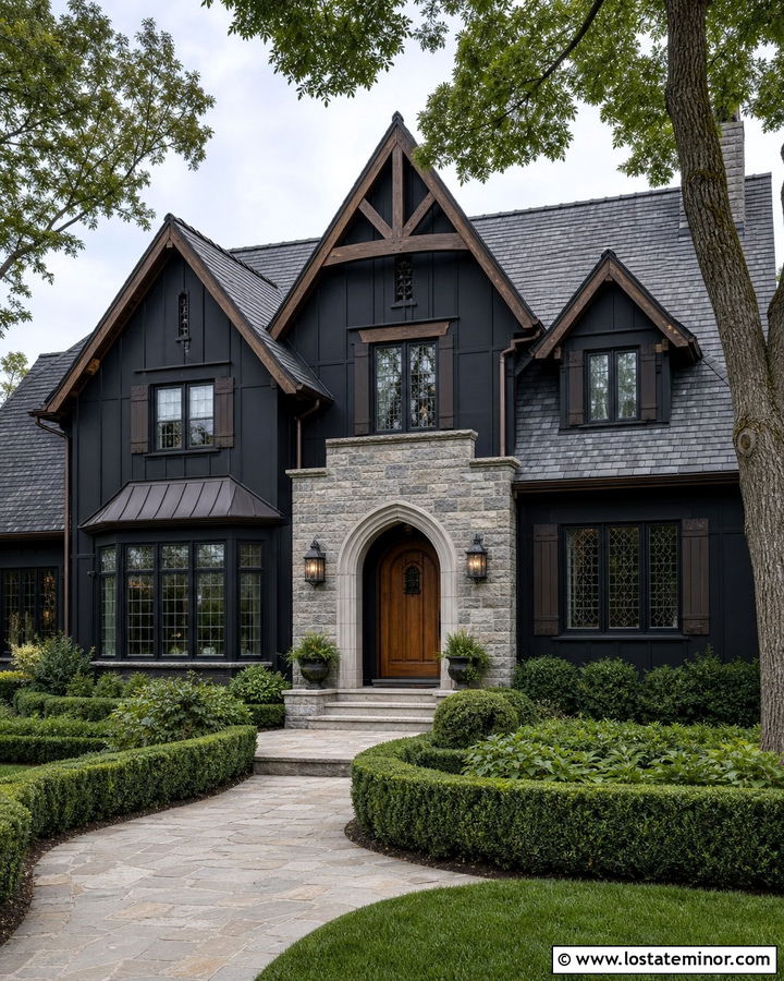 Jet Black Tudor With Dark Bronze Shutters - 30 Jet Black House Design With Shutters Ideas
