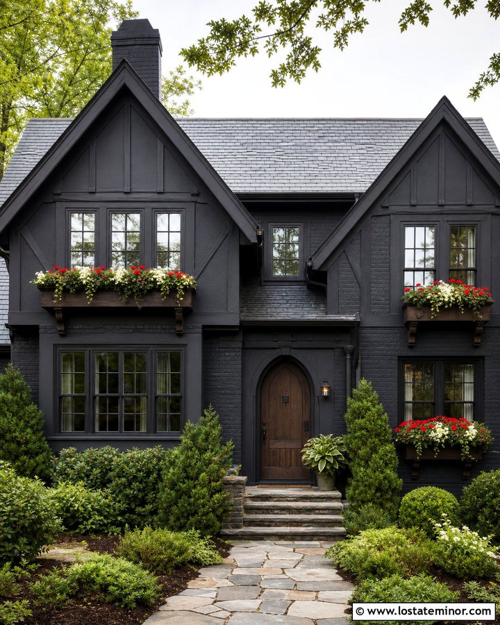 Jet Black Tudor With Dark Wood Window Boxes - 30 Jet Black House Design With Window Boxes Ideas