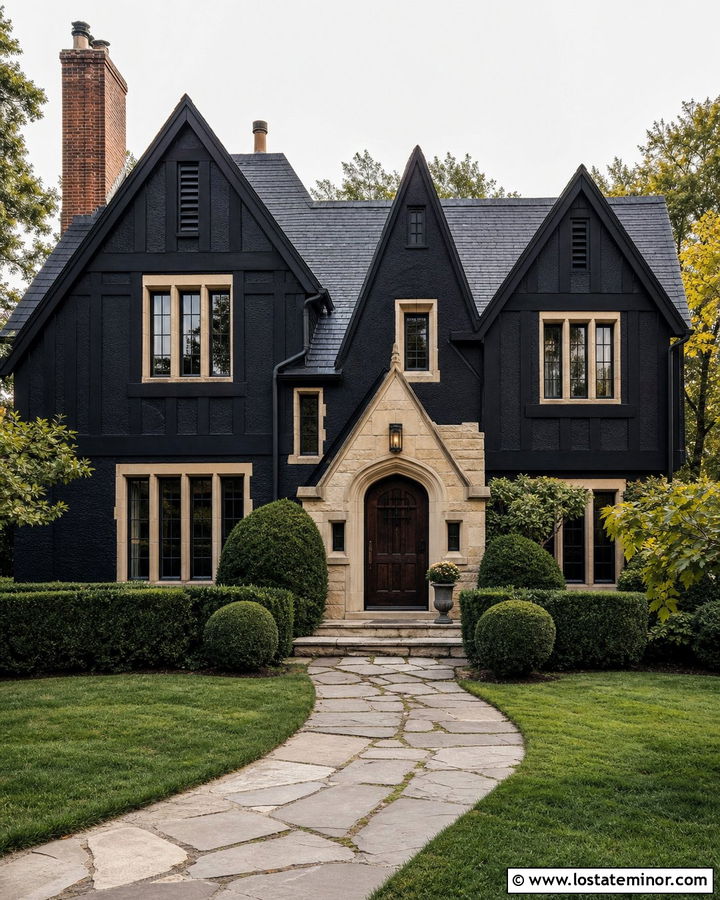 Jet Black Tudor With Steep Dormers - 30 Jet Black House Design With Dormers Ideas