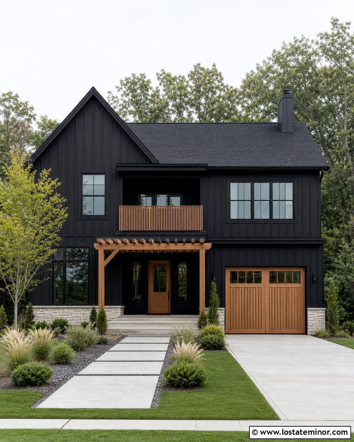 Jet Black Two Story House With Balcony Pergola - 30 Jet Black House Design With Pergola Ideas